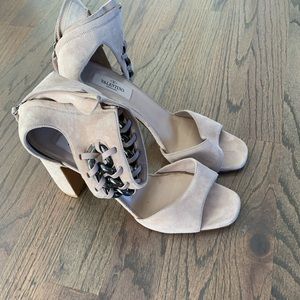 Valentino ankle strap sandals on beige Swede